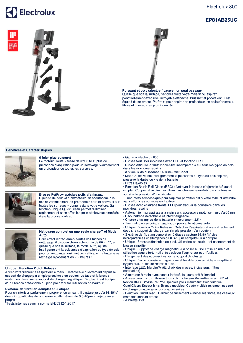 Page 1 de la notice Fiche technique Electrolux EP81AB25UG