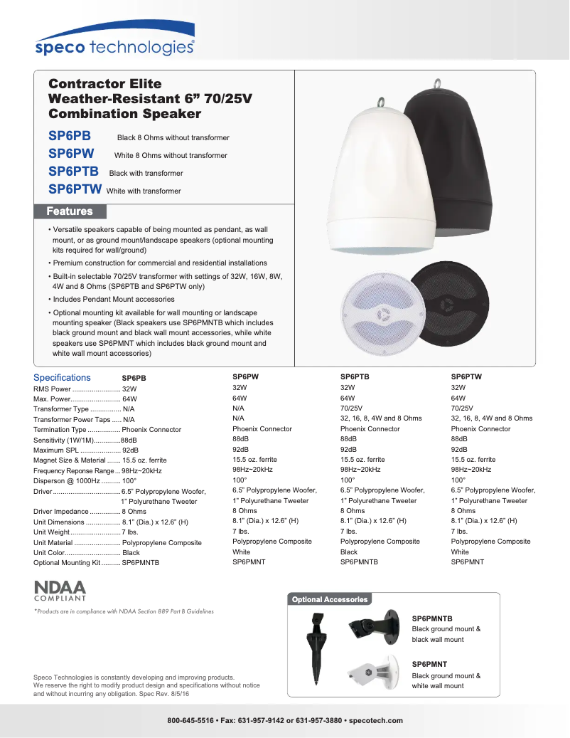 Page 1 de la notice Fiche technique Speco Technologies SP6PTW