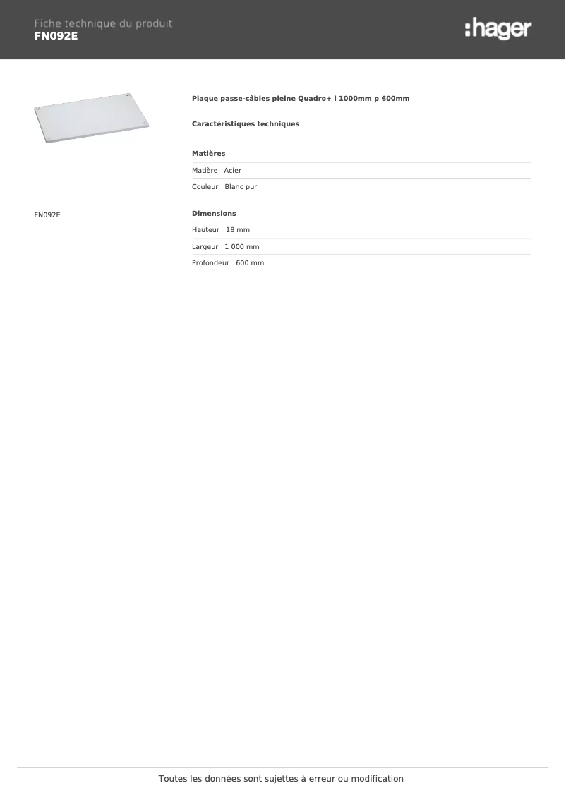 Page n°1 - Fiche technique Hager FN092E