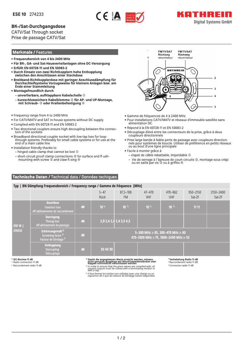 Page 1 de la notice Manuel utilisateur Kathrein ESE 10