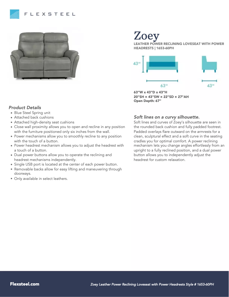 Page n°1 - Fiche technique Flexsteel Zoey 1653-60PH