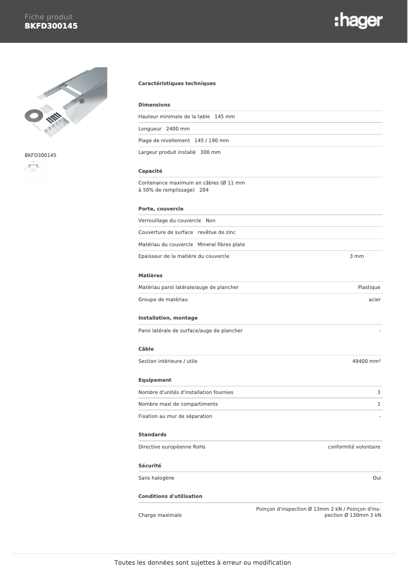 Page 1 de la notice Fiche technique Hager BKFD300145