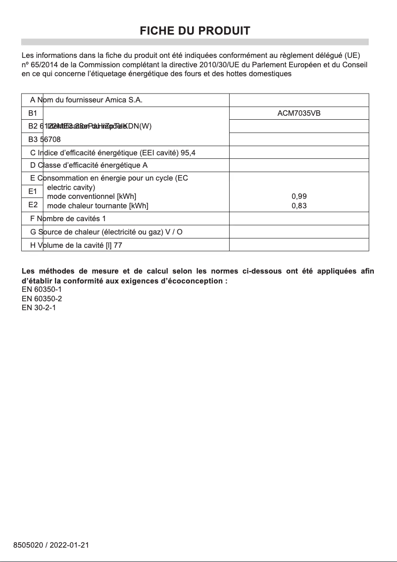 Página 1 del manual Ficha técnica Amica ACM7035VB