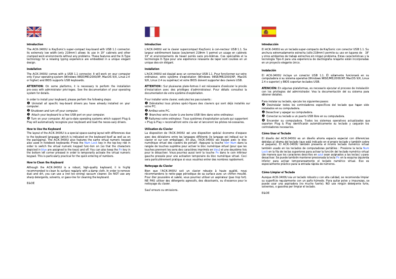 Page n°1 - Manuel utilisateur KeySonic ACK-3400U