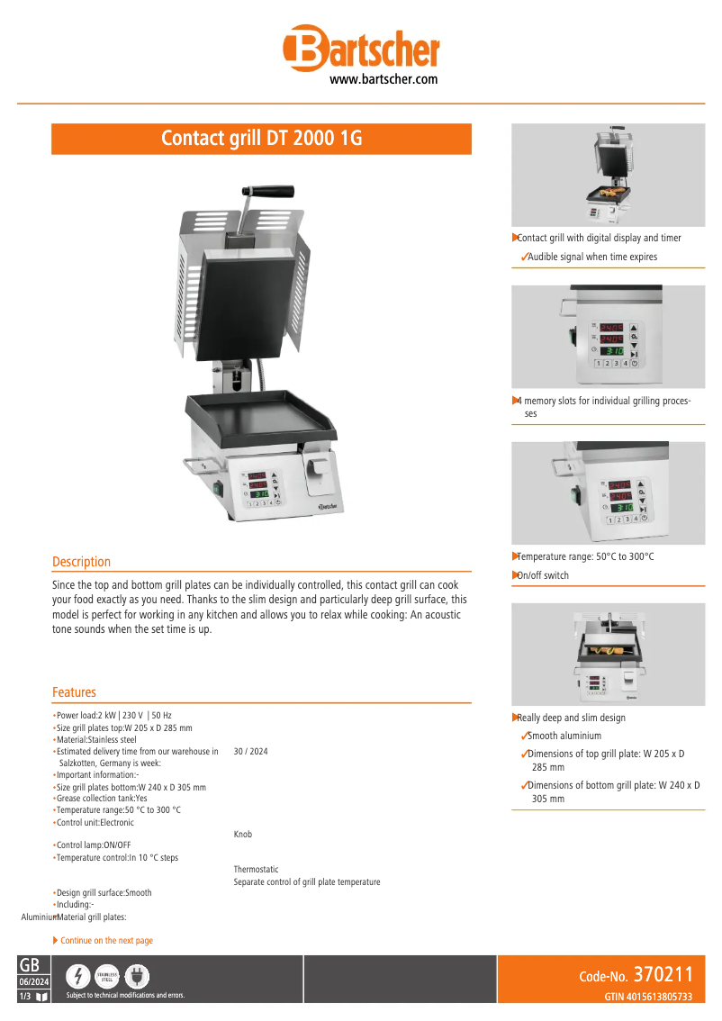 Page 1 de la notice Fiche technique Bartscher DT 2000 1G