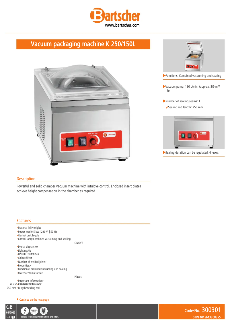 Page n°1 - Fiche technique Bartscher 300301