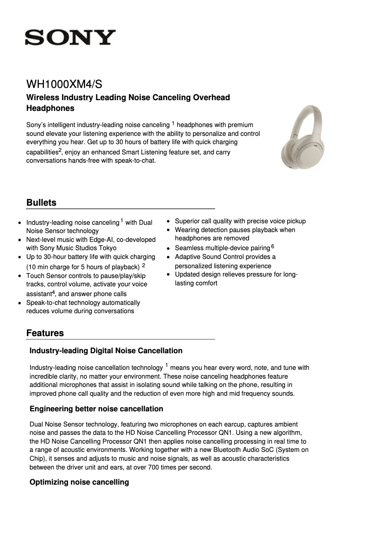 Page 1 de la notice Fiche technique Sony WH-1000XM4