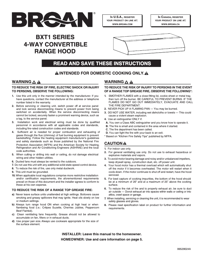 Page 1 de la notice Guide d'installation Broan BXT130SS