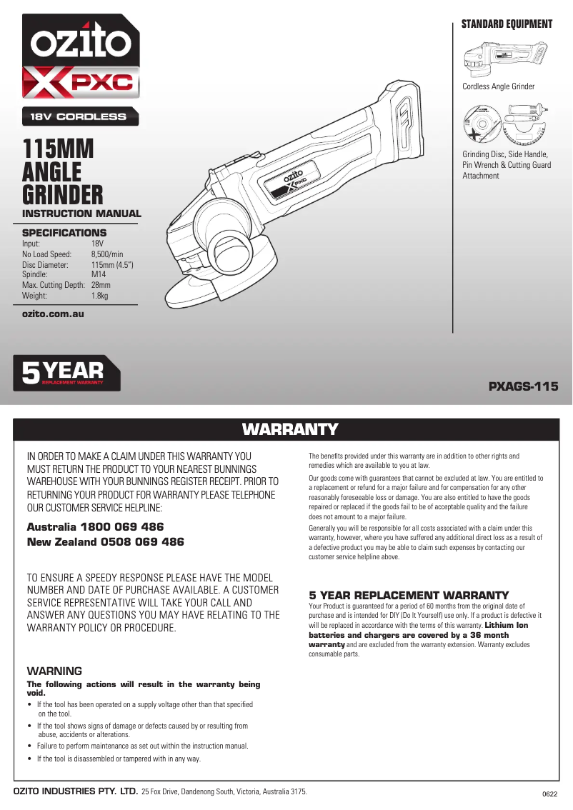 Page n°1 - Manuel utilisateur Ozito PXAGS-115