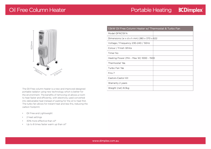 Page 1 de la notice Fiche technique Dimplex OFRC15FA