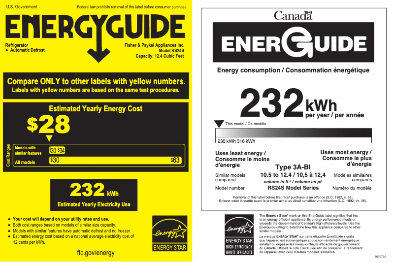 Page 1 de la notice Label énergétique Fisher & Paykel RS2484SLK1