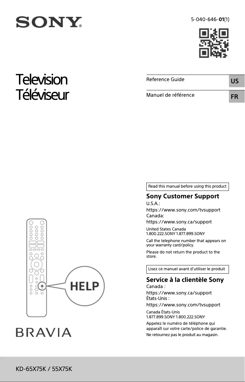 Page 1 de la notice Manuel utilisateur Sony KD-55X75K