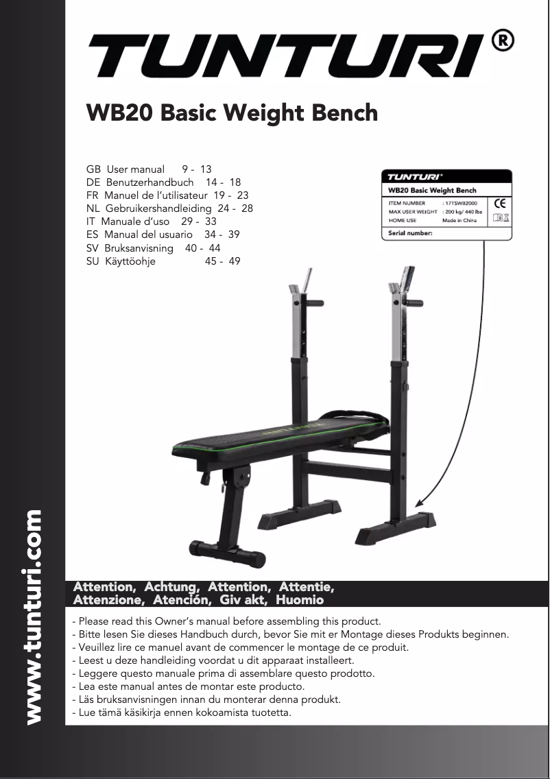 Page 1 de la notice Manuel utilisateur Tunturi WB20 Basic Weight Bench