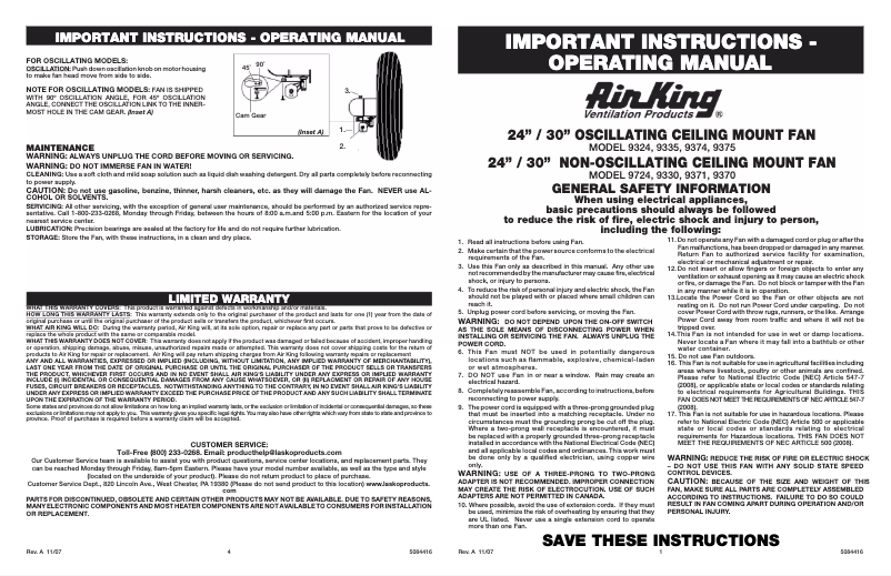 Page n°1 - Manuel utilisateur Air King 9335
