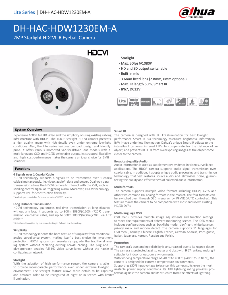 Page n°1 - Fiche technique Dahua Technology HAC-HDW1230EM-A