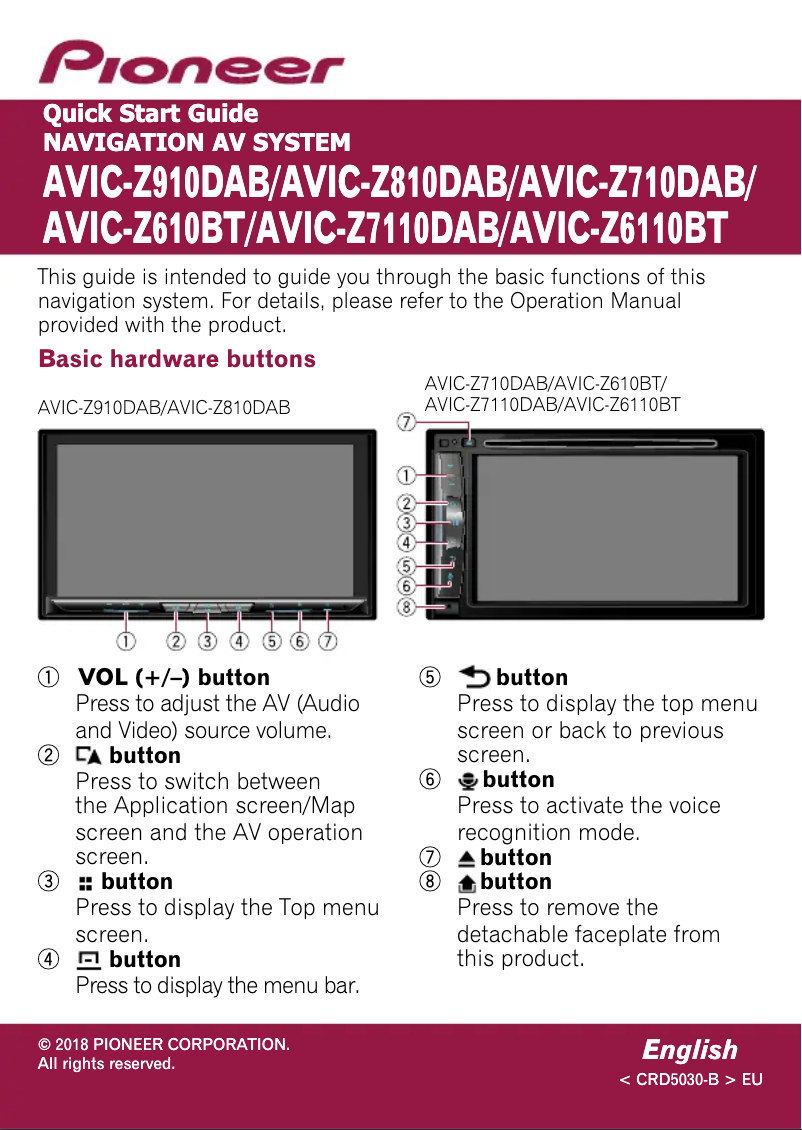 Page 1 de la notice Guide de démarrage rapide Pioneer AVIC-Z910DAB