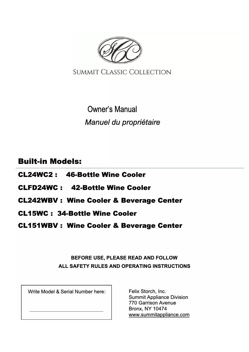 Page n°1 - Manuel utilisateur Summit CLFD24WCCSS