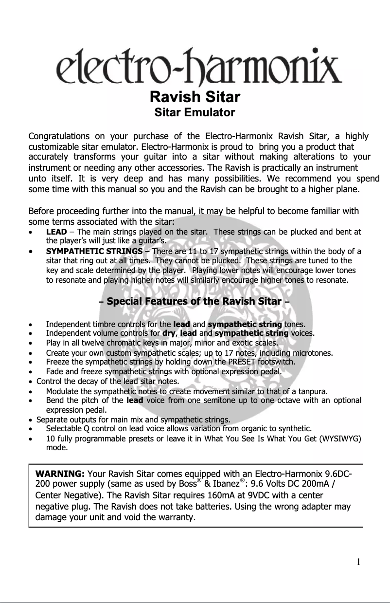 Page 1 de la notice Manuel utilisateur Electro Harmonix Ravish Sitar