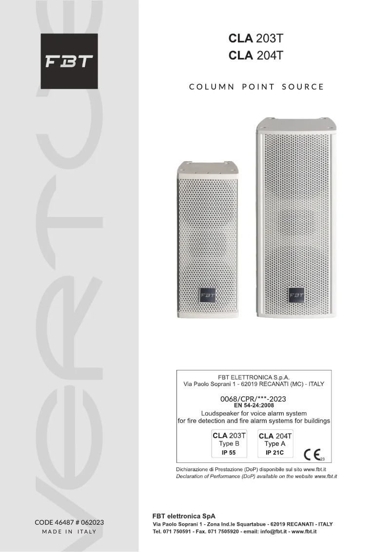 Page n°1 - Manuel utilisateur FBT VERTUS CLA 203T