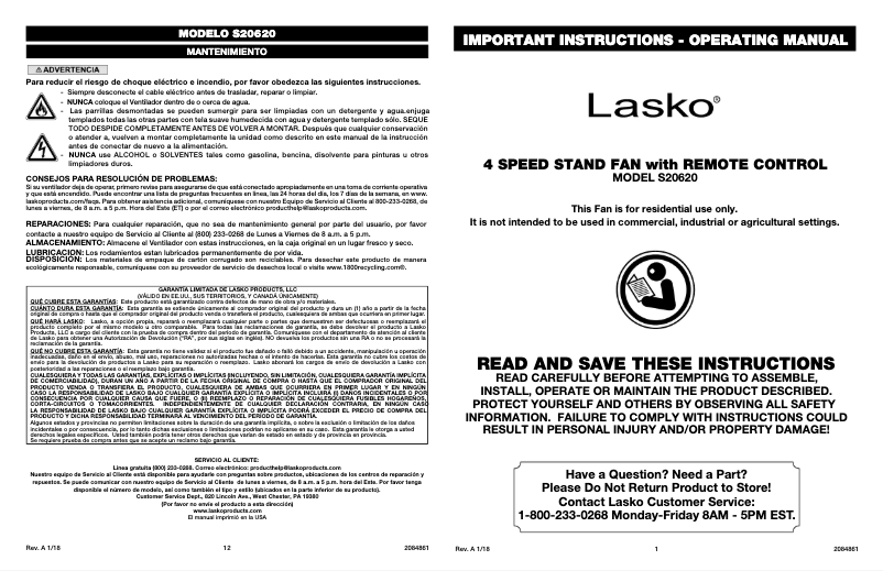 Page 1 de la notice Manuel utilisateur Lasko S20620