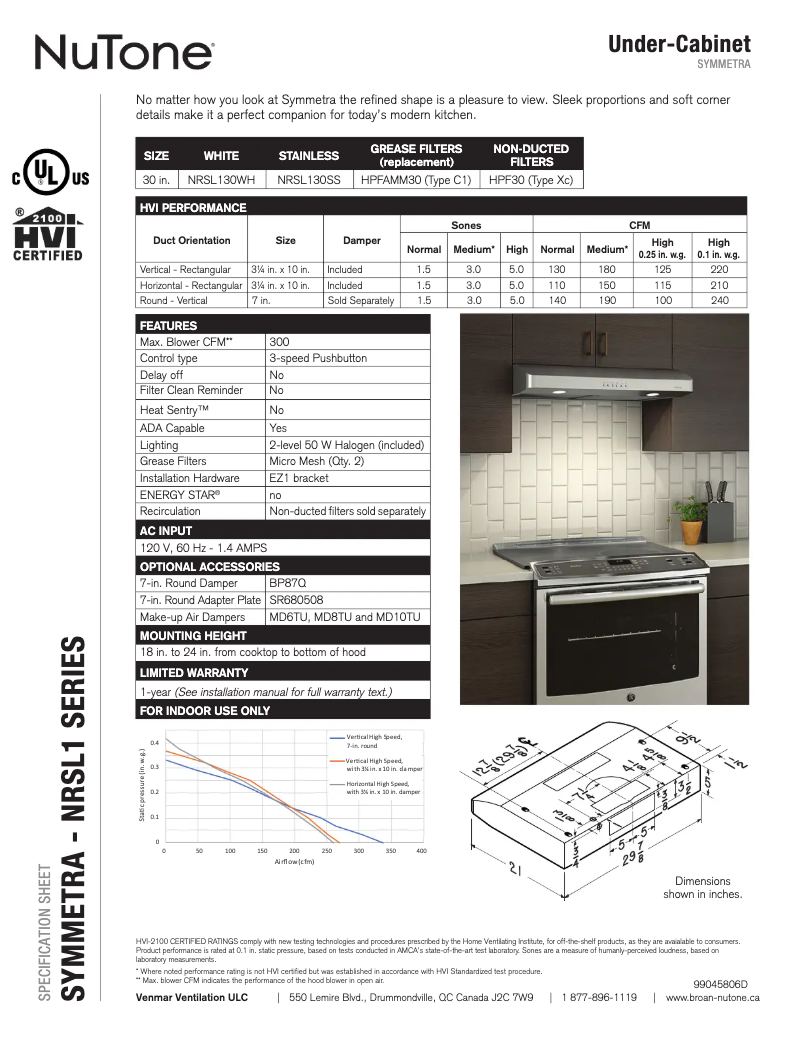 Page 1 de la notice Fiche technique NuTone NRSL130WH