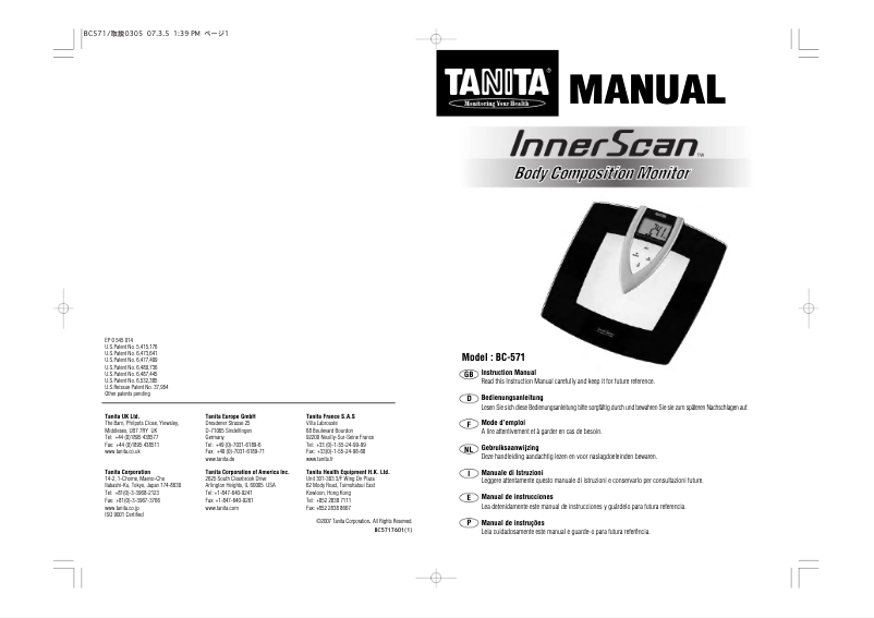 Page 1 de la notice Manuel utilisateur Tanita BC-571