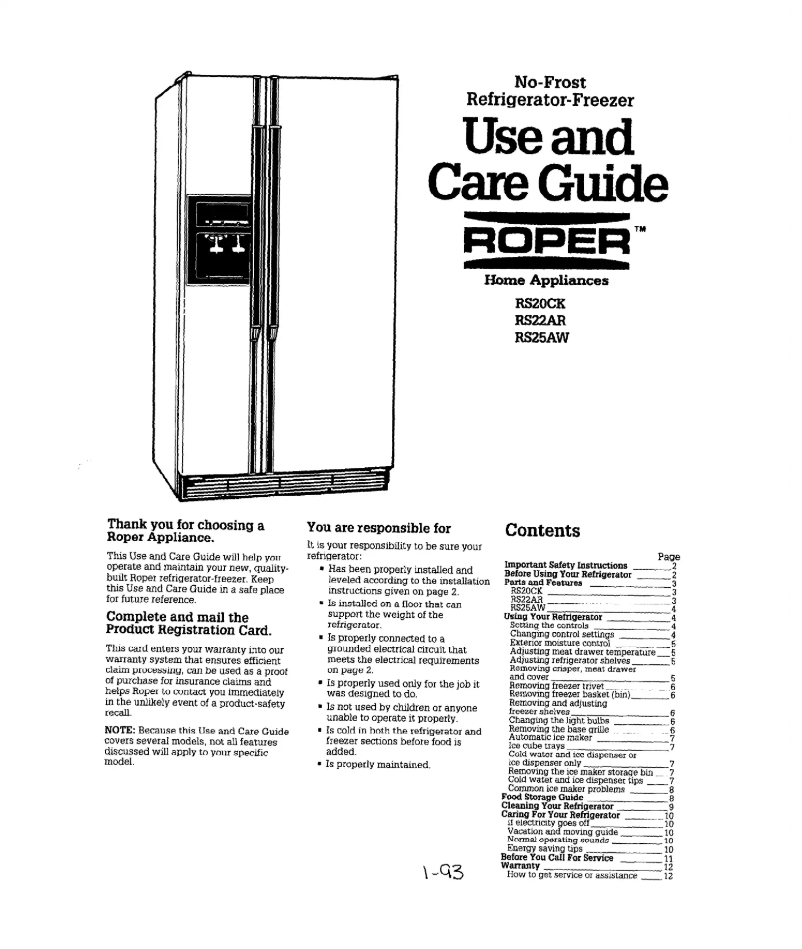 Page n°1 - Manuel utilisateur Roper RS20CKXXG00