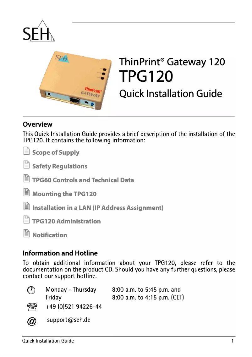 Page 1 de la notice Manuel utilisateur SEH ThinPrint Gateway TPG120
