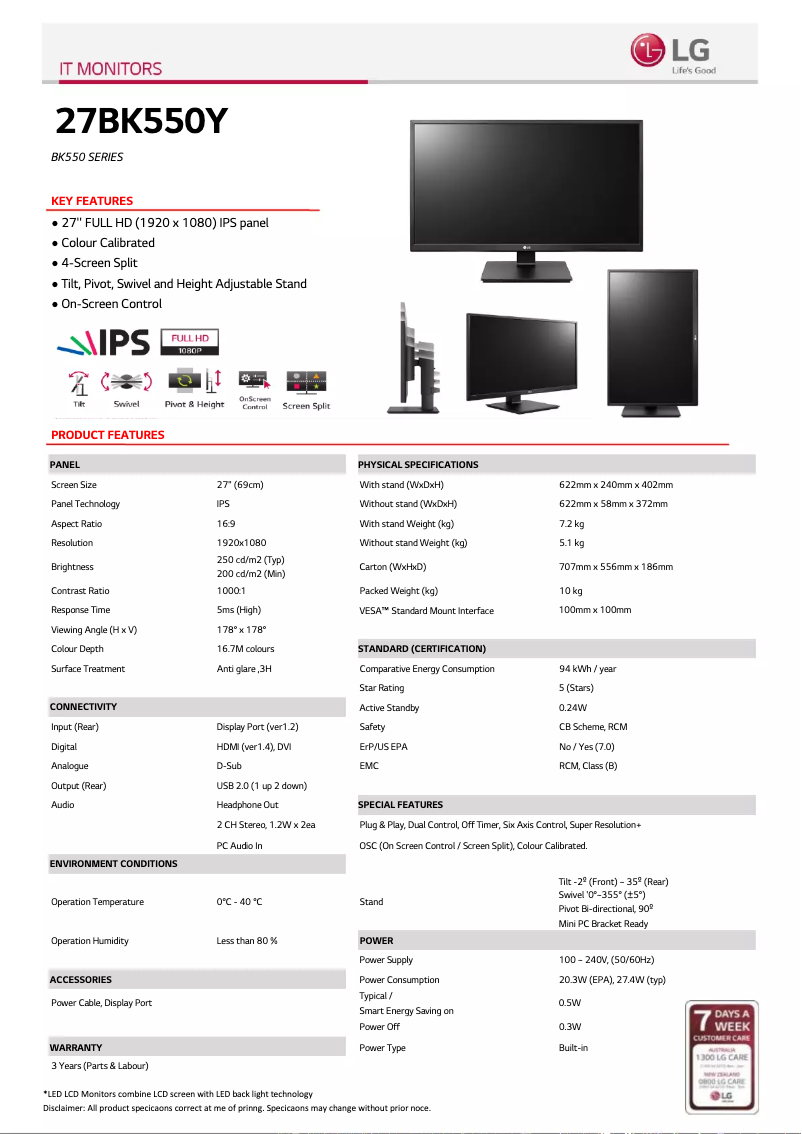 Página 1 del manual Ficha técnica LG 27BK550Y-B