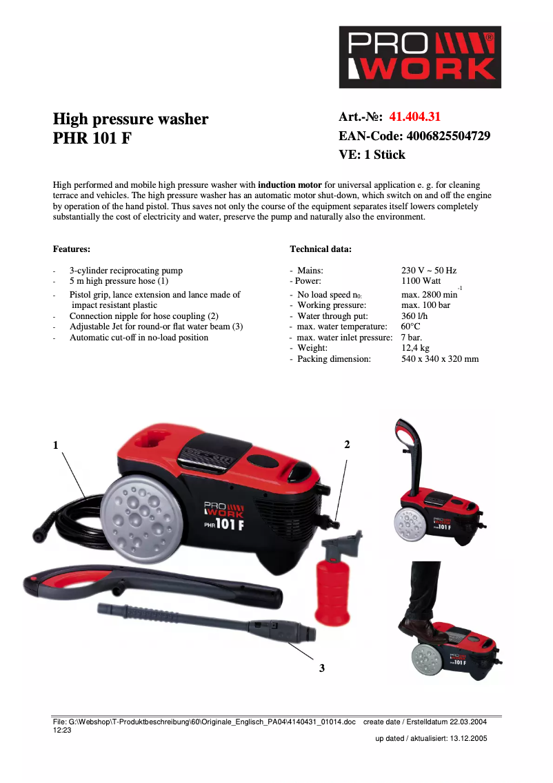 Page n°1 - Fiche technique Prowork PHR 101F