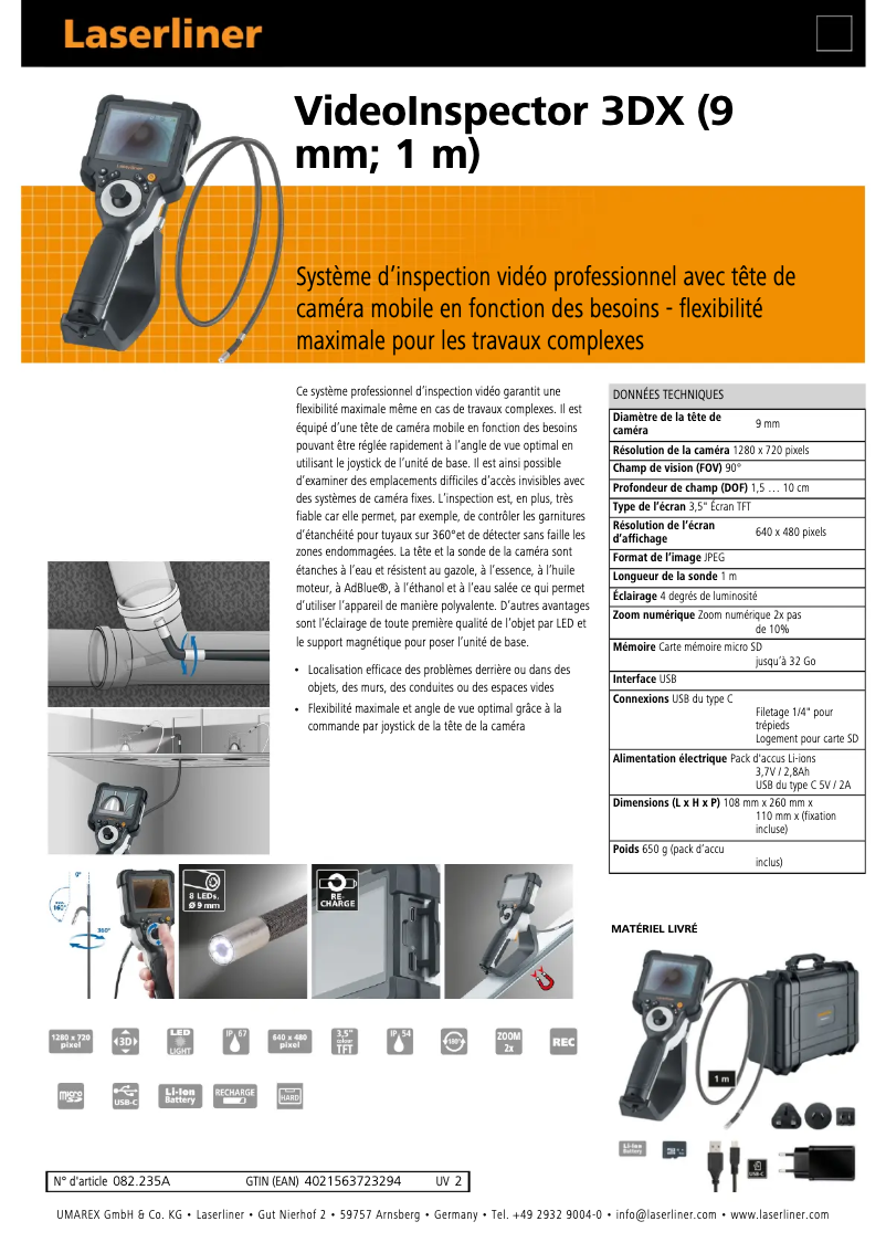 Page 1 de la notice Fiche technique Laserliner VideoInspector 3DX