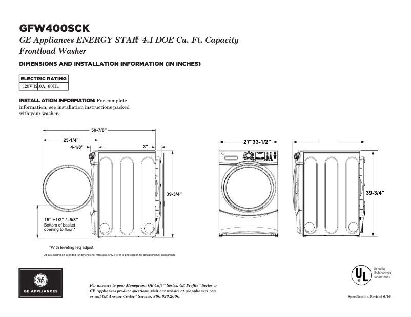 Page n°1 - Fiche technique GE GFW400SCKWW