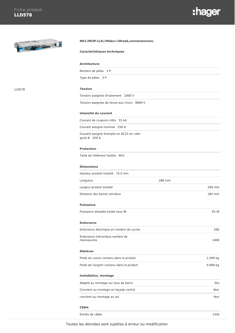 Page 1 de la notice Fiche technique Hager LLD578
