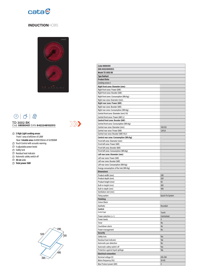 Page 1 de la notice Fiche technique CATA TD 3002