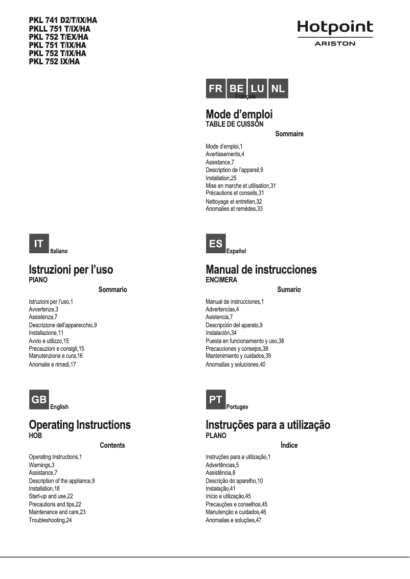 Page 1 de la notice Manuel utilisateur Hotpoint Ariston PKL 752 U/IX/HA