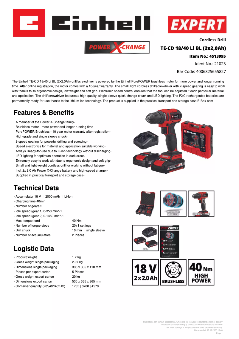 Page n°1 - Fiche technique Einhell TE-CD 18/40 Li BL