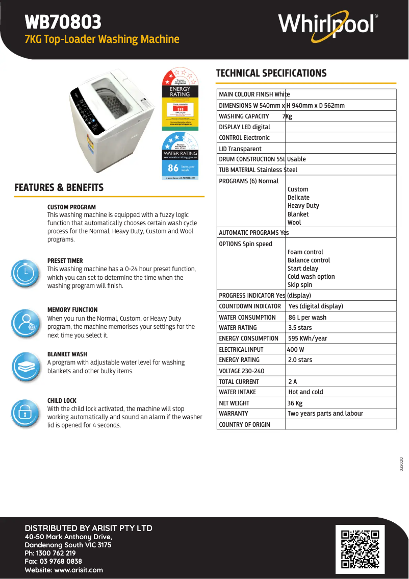 Page 1 de la notice Manuel utilisateur Whirlpool WB70803