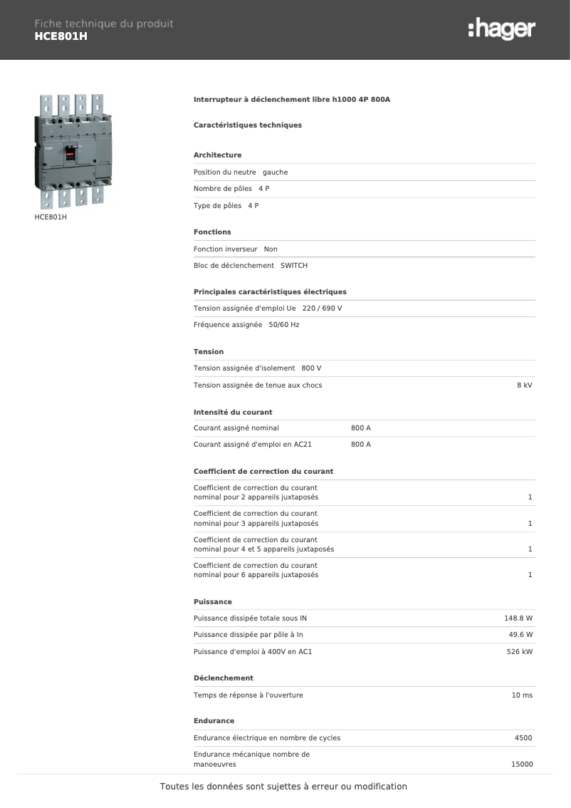 Page 1 de la notice Fiche technique Hager HCE801H