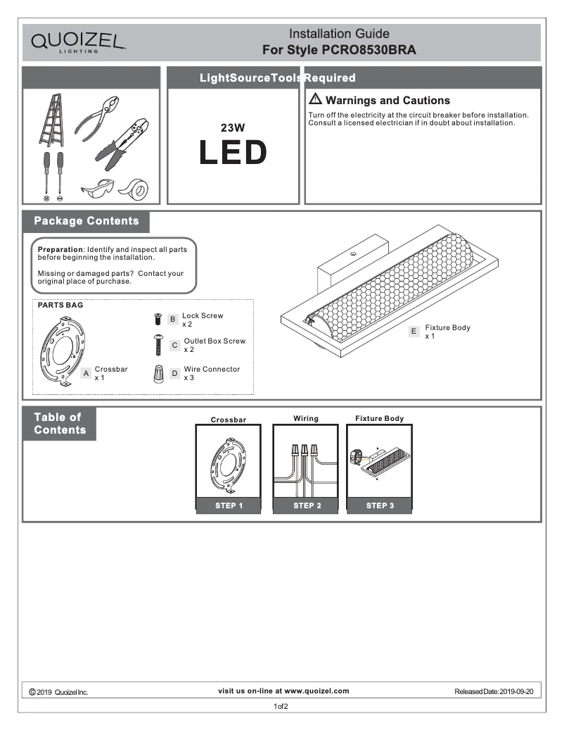 Page n°1 - Manuel utilisateur Quoizel Rosalie PCRO8530BRA