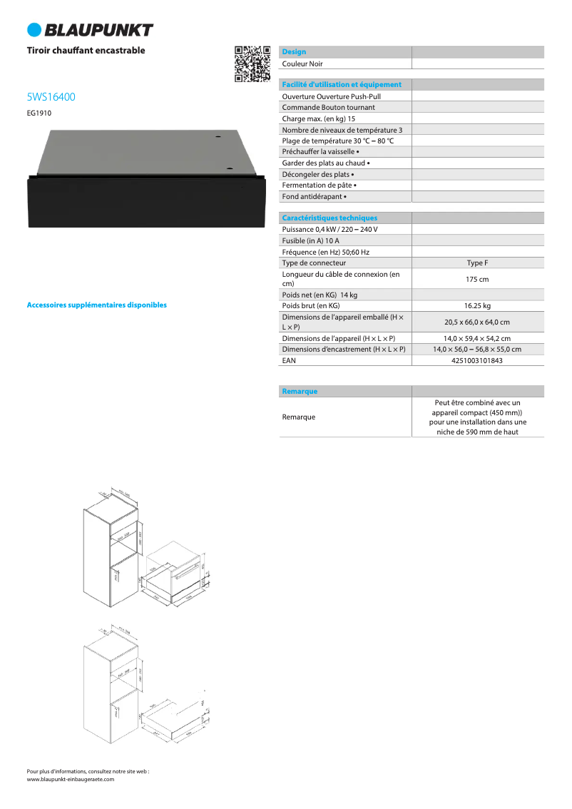 Page 1 de la notice Fiche technique Blaupunkt 5WS16400