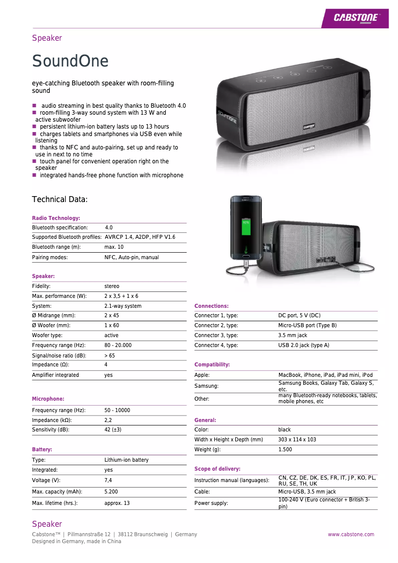 Página 1 del manual Ficha técnica Cabstone SoundOne
