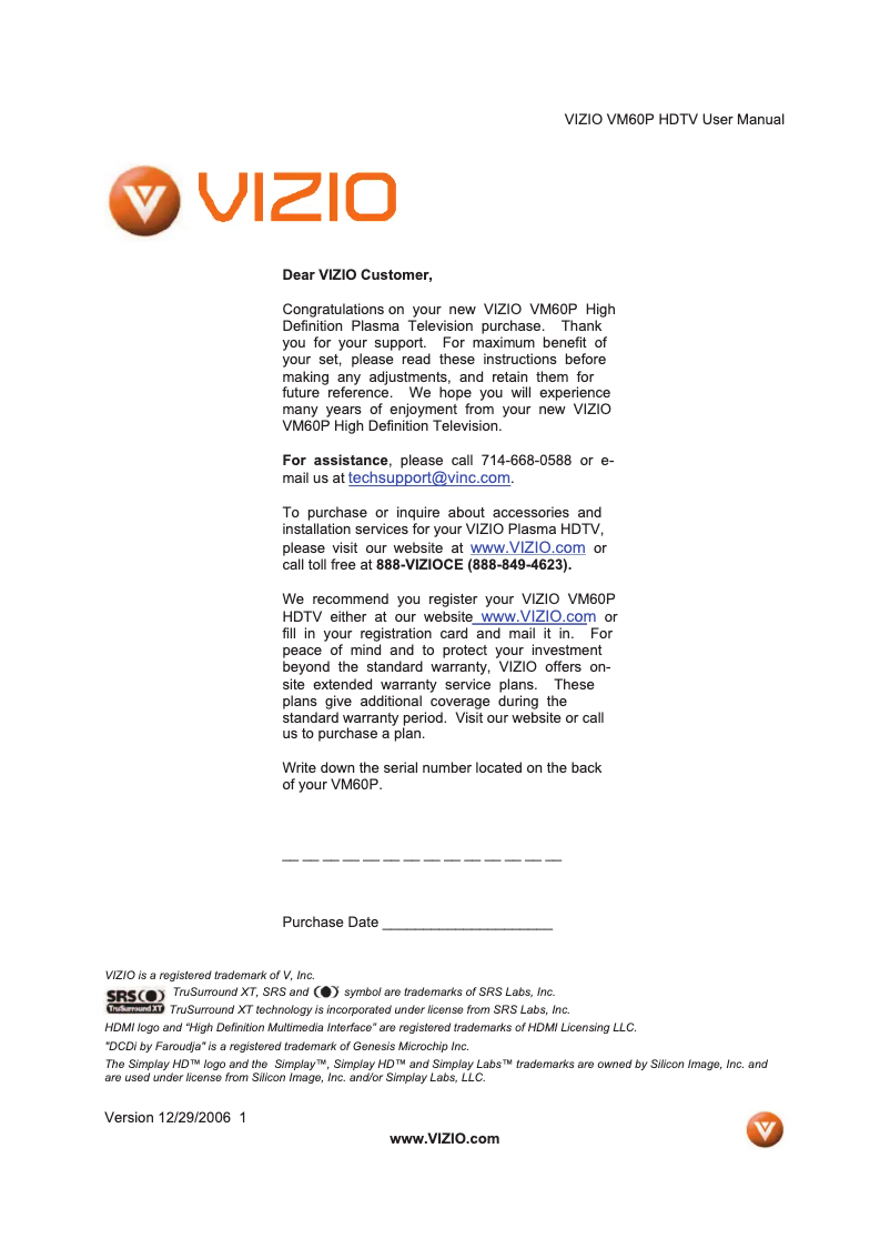 Page 1 de la notice Manuel utilisateur VIZIO VM60P