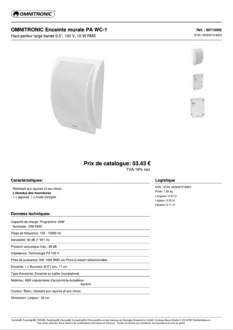 Page 1 of the manual Technical Sheet Omnitronic WC-1