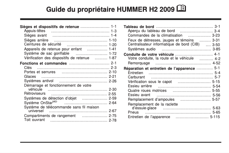 Page n°1 - Manuel utilisateur Hummer H2 (2009)