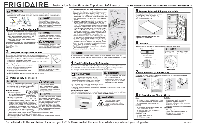 Page 1 de la notice Guide d'installation Frigidaire FFHT2022AS