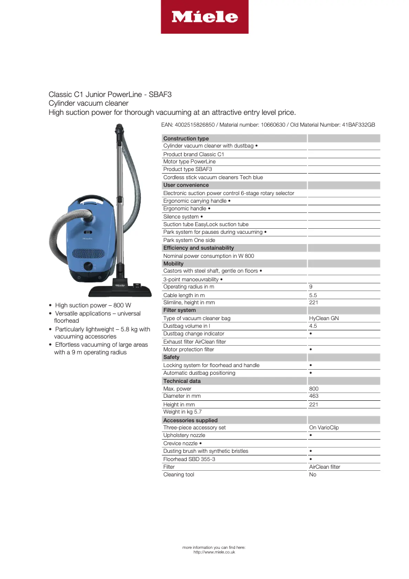 Page 1 de la notice Fiche technique Miele Classic C1 Junior PowerLine