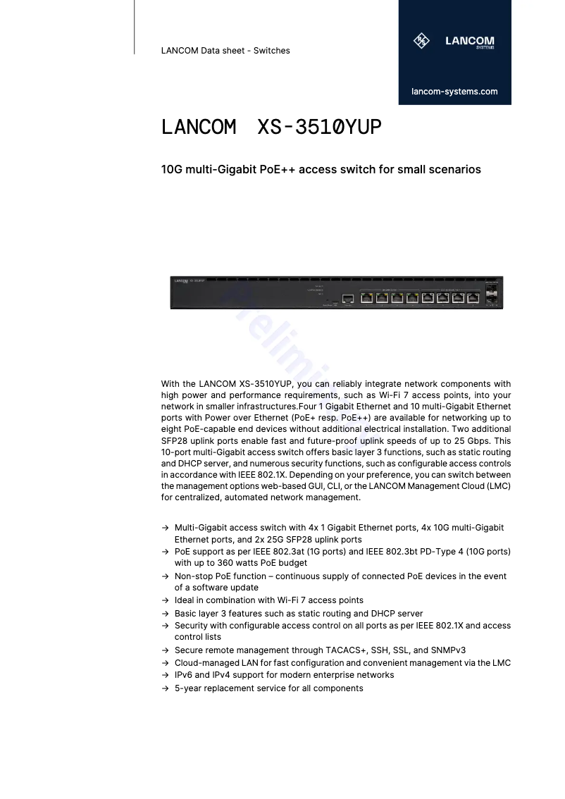Page 1 de la notice Fiche technique Lancom XS-3510YUP