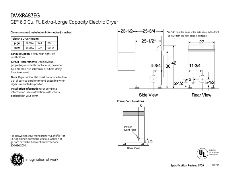 Page n°1 - Fiche technique GE DWXR483EGWW