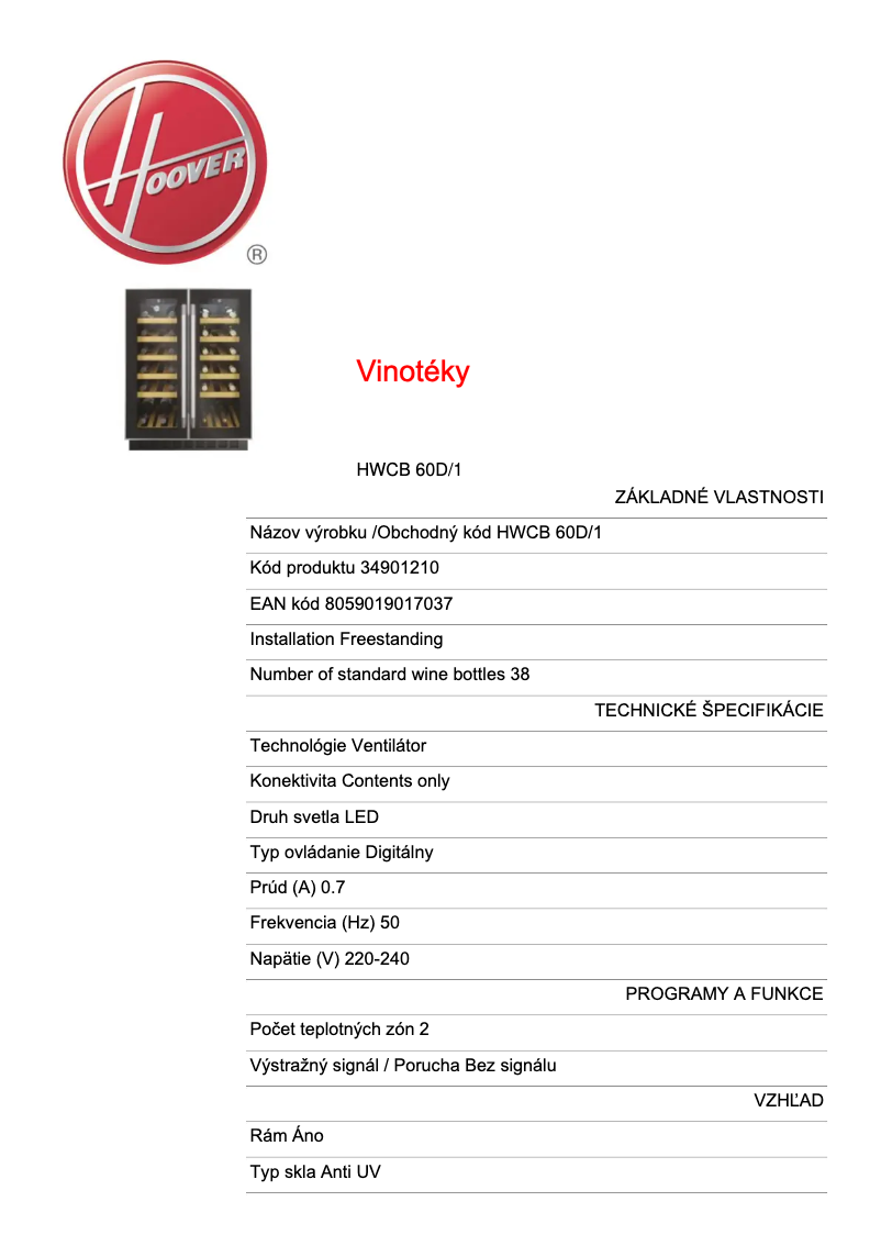 Page n°1 - Fiche technique Hoover HWCB 60D/1