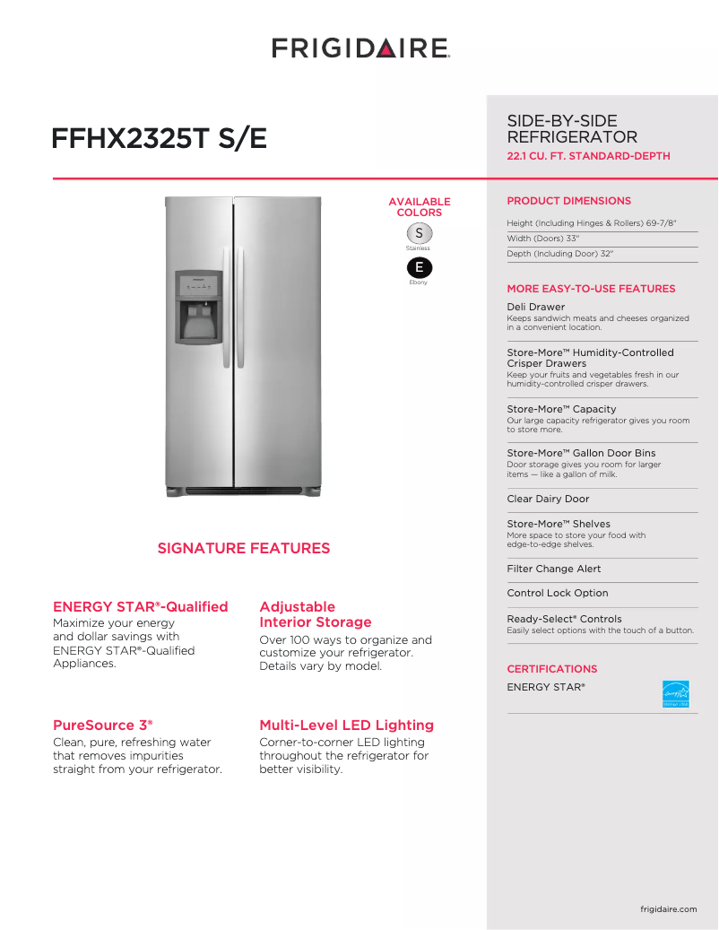 Página 1 del manual Ficha técnica Frigidaire FFHX2325TS